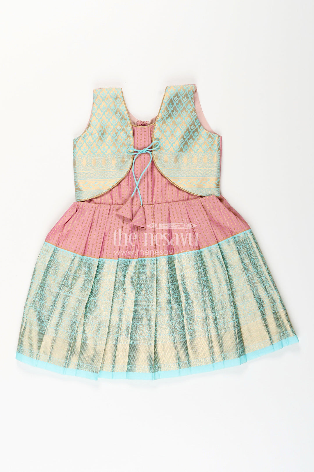 The Nesavu Girls Kanchi Silk Frock Girls semi Kanchivaram silk frock in maroon with jacket Nesavu Nesavu girls maroon semi Kanchivaram silk frock with mint green brocade jacket