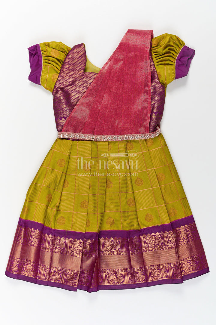 The Nesavu Girls Kanchi Silk Frock Girls Semi Kanchivaram Silk Frock with Stone Golden Lace Design and Contrasting Maroon Dupatta Nesavu 20 (3Y) / Green / Style 2 SF856AB-20 Nesavu Girls Semi Kanchivaram Silk Frock with Stone Golden Lace Design and Contrast Purple Zari Border