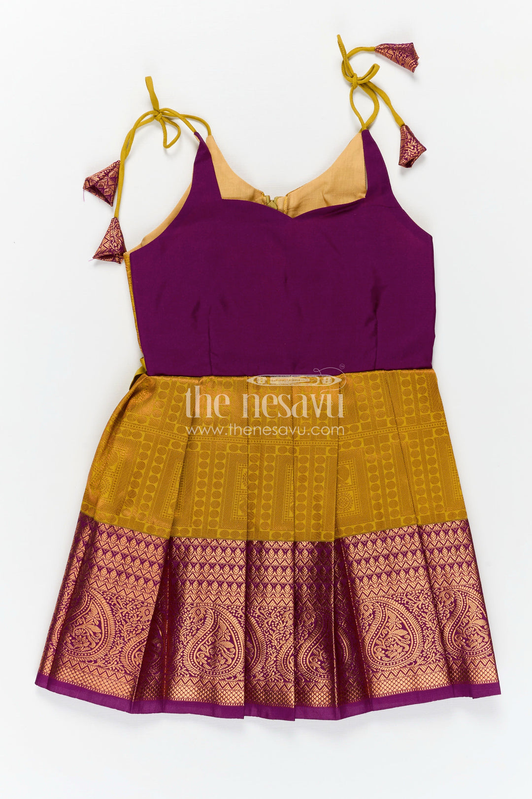 The Nesavu Girls Kanchi Silk Frock Girls Semi Kanchivaram Silk Long Frocks Designs in Maroon and Mustard with Tie-Up Tassel Straps and Pleated Skirt Nesavu 20 (3Y) / Purple / Style 2 SF833BB-20 Nesavu Girls Semi Kanchivaram Silk Long Frocks Designs with Tassel Tie Straps and Mustard Pleated Skirt