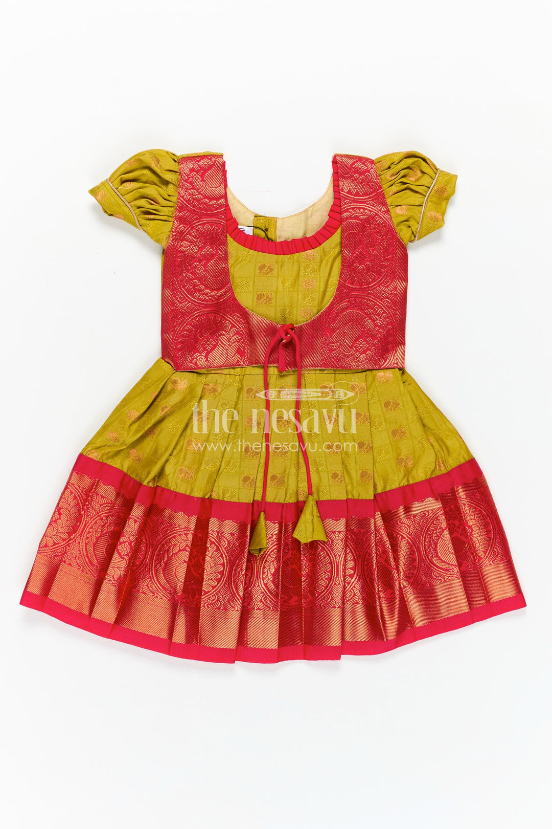 The Nesavu Girls Kanchi Silk Frock Girls Semi Kanchivaram Silk New Model Dress in Red and Mustard with Puff Sleeves and Zari Pleated Hem Nesavu 16 (1Y) / Green / Style 3 SF836BC-16 Nesavu Girls Semi Kanchivaram Silk New Model Dress with Red Zari Pleats and Mustard Bodice