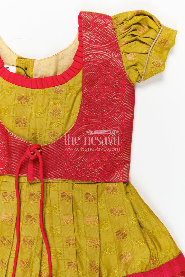The Nesavu Girls Kanchi Silk Frock Girls Semi Kanchivaram Silk New Model Dress in Red and Mustard with Puff Sleeves and Zari Pleated Hem Nesavu Nesavu Girls Semi Kanchivaram Silk New Model Dress with Red Zari Pleats and Mustard Bodice
