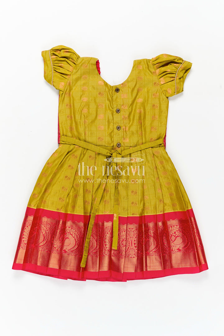 The Nesavu Girls Kanchi Silk Frock Girls Semi Kanchivaram Silk New Model Dress in Red and Mustard with Puff Sleeves and Zari Pleated Hem Nesavu Nesavu Girls Semi Kanchivaram Silk New Model Dress with Red Zari Pleats and Mustard Bodice