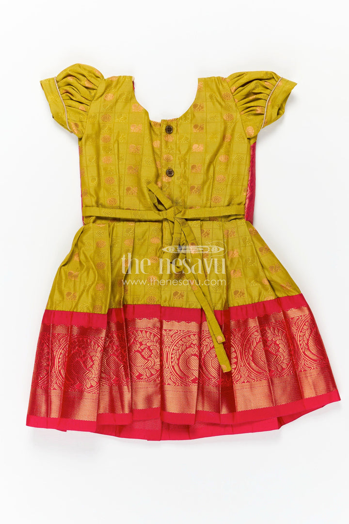 The Nesavu Girls Kanchi Silk Frock Girls Semi Kanchivaram Silk New Model Dress in Red and Mustard with Puff Sleeves and Zari Pleated Hem Nesavu Nesavu Girls Semi Kanchivaram Silk New Model Dress with Red Zari Pleats and Mustard Bodice