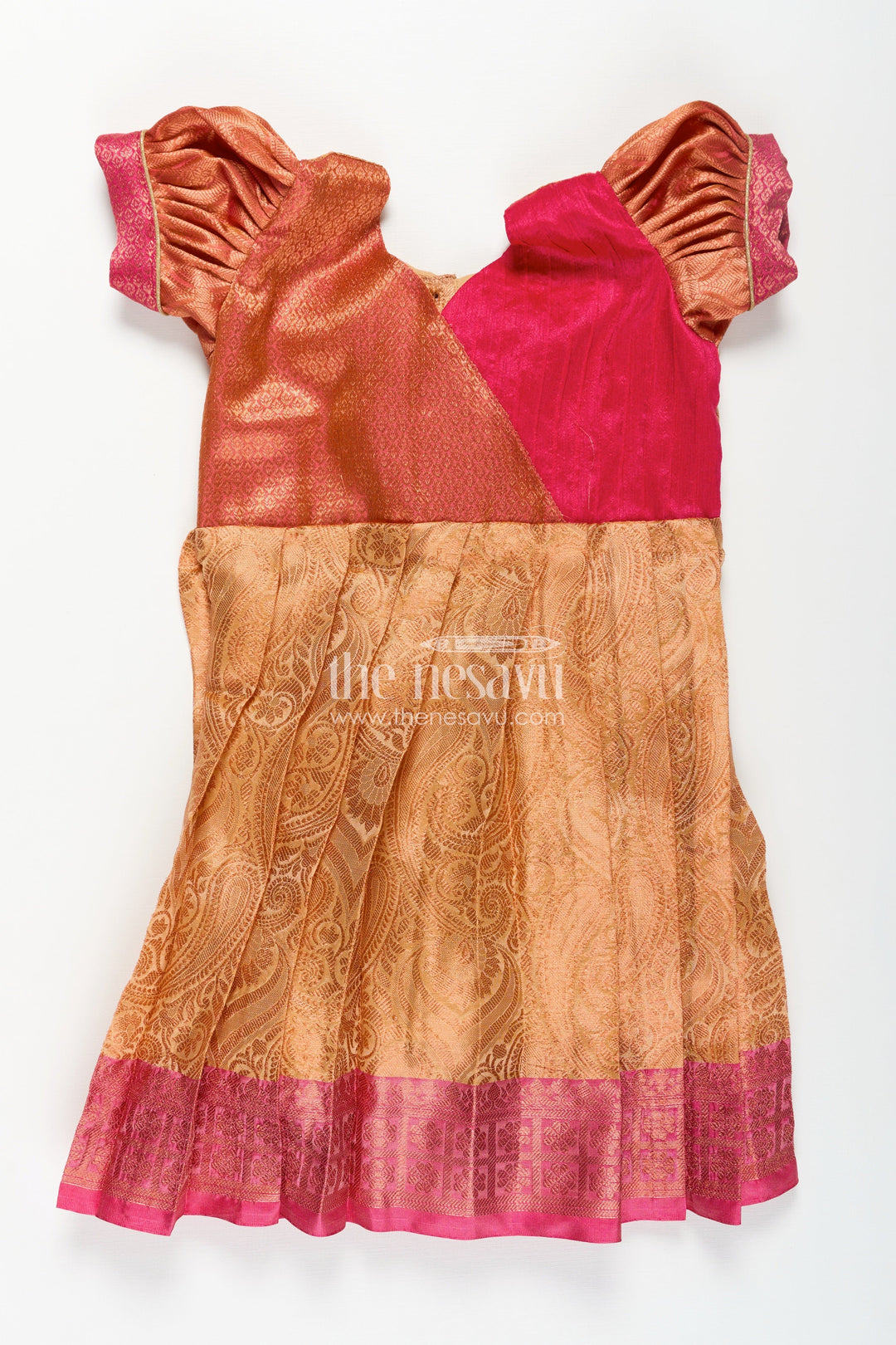 The Nesavu Silk Frock Girls Semi Silk Dress Frock Silk with Pin-Tuck Yoke and Rich Orange Gold Pleated Skirt Nesavu 18 (2Y) / Orange SF1017B-18 Nesavu Girls Semi Silk Dress Frock Silk Orange Gold Pleats Magenta Pin-Tuck Yoke