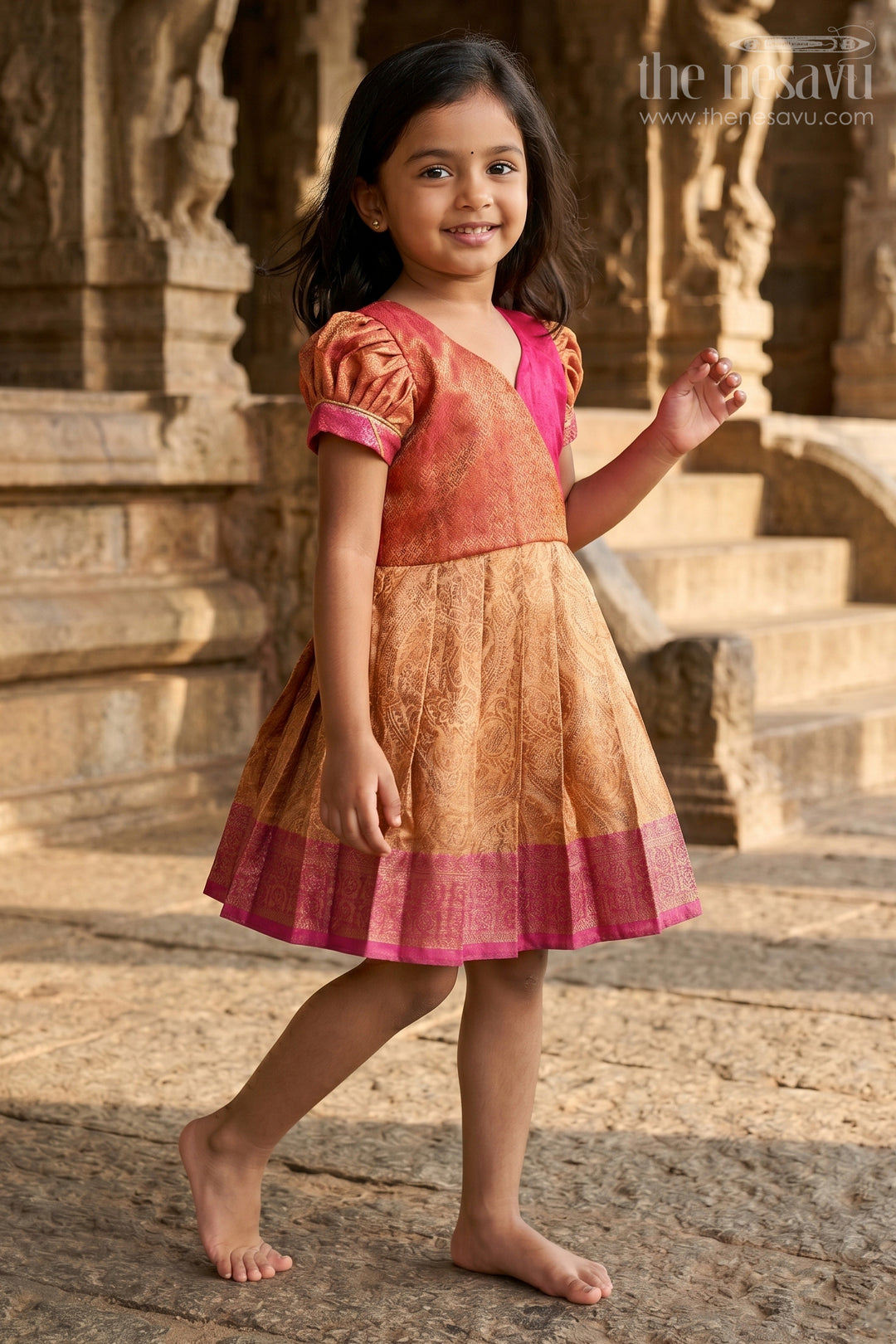The Nesavu Silk Frock Girls Semi Silk Dress Frock Silk with Pin-Tuck Yoke and Rich Orange Gold Pleated Skirt Nesavu 18 (2Y) / Orange SF1017B-18 Nesavu Girls Semi Silk Dress Frock Silk Orange Gold Pleats Magenta Pin-Tuck Yoke