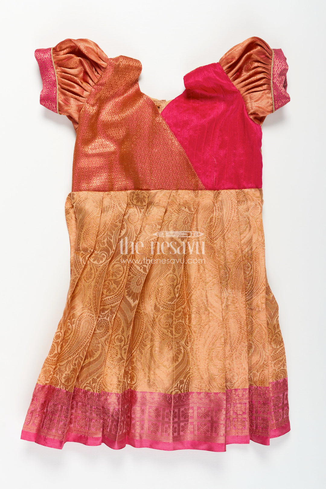 The Nesavu Silk Frock Girls Semi Silk Dress Frock Silk with Pin-Tuck Yoke and Rich Orange Gold Pleated Skirt Nesavu Nesavu Girls Semi Silk Dress Frock Silk Orange Gold Pleats Magenta Pin-Tuck Yoke