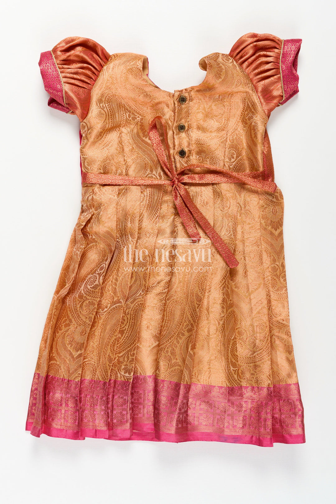 The Nesavu Silk Frock Girls Semi Silk Dress Frock Silk with Pin-Tuck Yoke and Rich Orange Gold Pleated Skirt Nesavu Nesavu Girls Semi Silk Dress Frock Silk Orange Gold Pleats Magenta Pin-Tuck Yoke