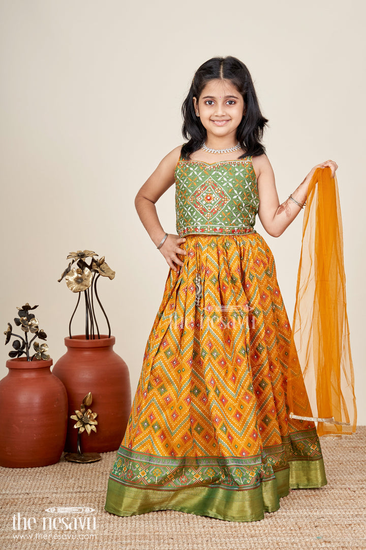 The Nesavu Girls Lehenga Choli Girls Semi Silk green lehenga wedding Set with Mirror Embroidery and Printed Skirt for Festive Style Nesavu 18 (2Y) / Green GL653A-18 Nesavu Girls Semi Silk Mirror Embroidered Choli Set Printed Skirt green lehenga wedding Look