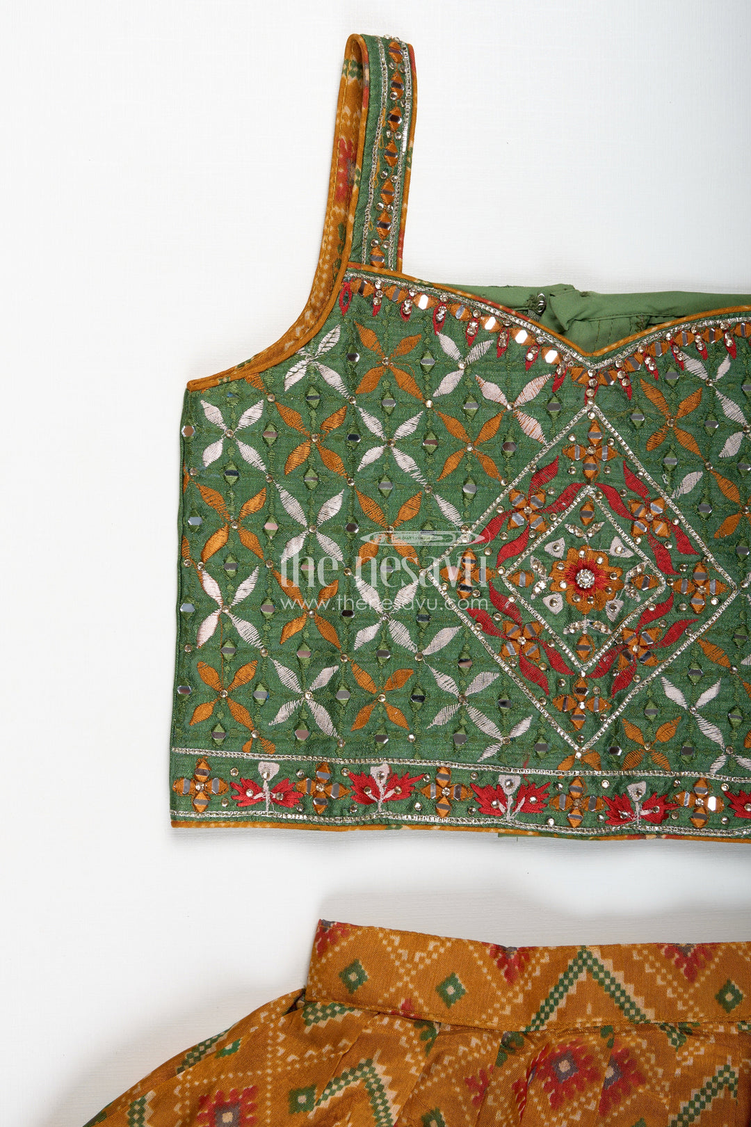 The Nesavu Girls Lehenga Choli Girls Semi Silk Green Lehenga Wedding Set with Mirror Embroidery and Printed Skirt for Festive Style Nesavu Nesavu Girls Semi Silk Mirror Embroidered Choli Set Printed Skirt green lehenga wedding Look
