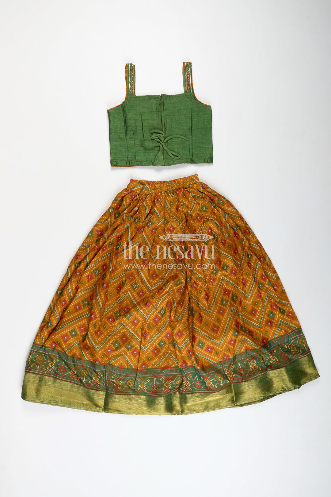 The Nesavu Girls Lehenga Choli Girls Semi Silk Green Lehenga Wedding Set with Mirror Embroidery and Printed Skirt for Festive Style Nesavu Nesavu Girls Semi Silk Mirror Embroidered Choli Set Printed Skirt green lehenga wedding Look