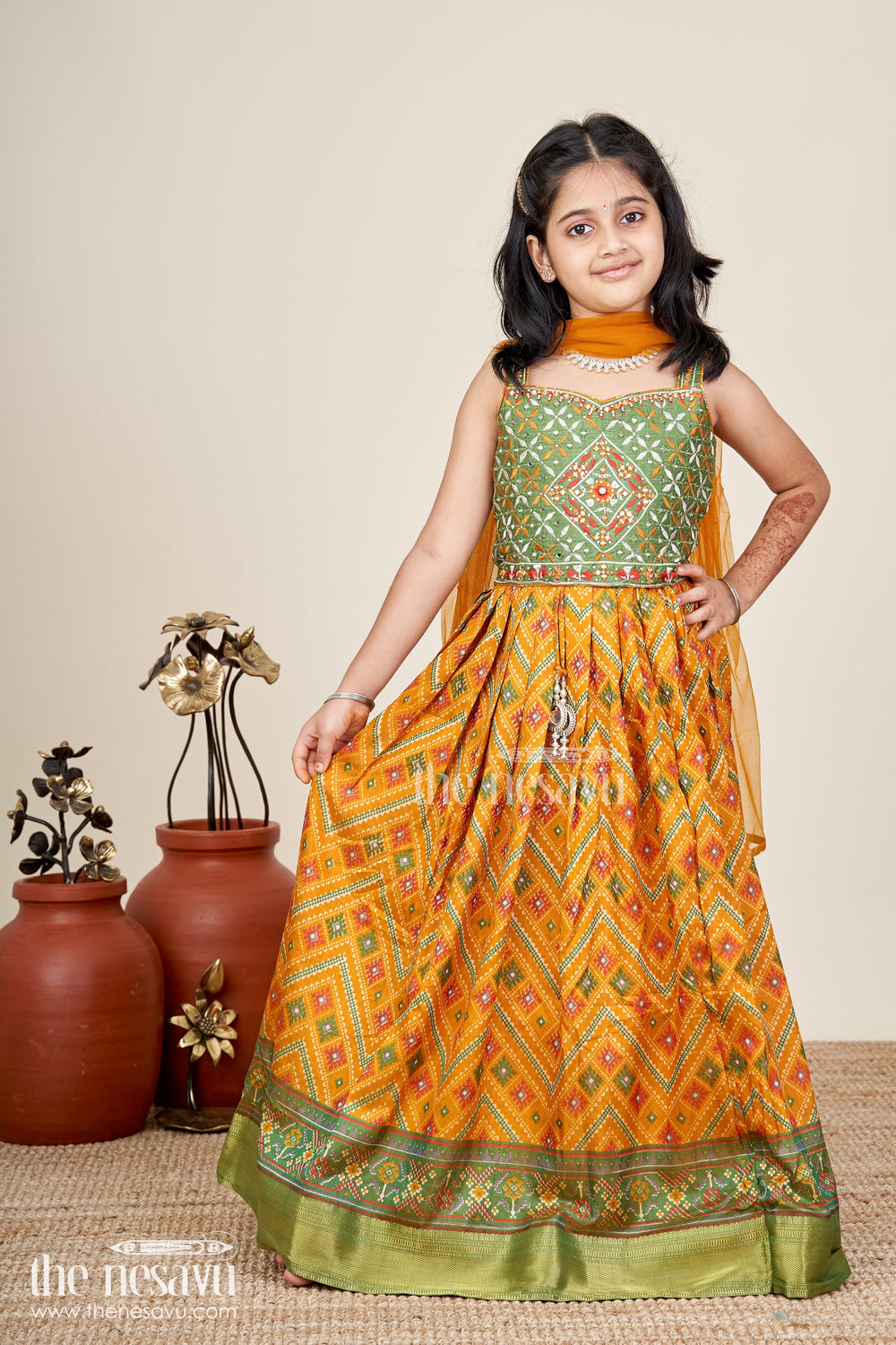 The Nesavu Girls Lehenga Choli Girls Semi Silk green lehenga wedding Set with Mirror Embroidery and Printed Skirt for Festive Style Nesavu Nesavu Girls Semi Silk Mirror Embroidered Choli Set Printed Skirt green lehenga wedding Look