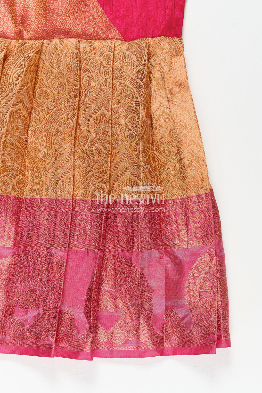 The Nesavu Silk Frock Girls Semi Silk Orange Silk Frock with Magenta Pin-Tuck Yoke and Bold Jacquard Hem Border Nesavu 24 (5Y) / Orange SF1017C-24 Nesavu Orange Silk Frock Girls Pin-Tuck Yoke Rich Jacquard Pleated Skirt