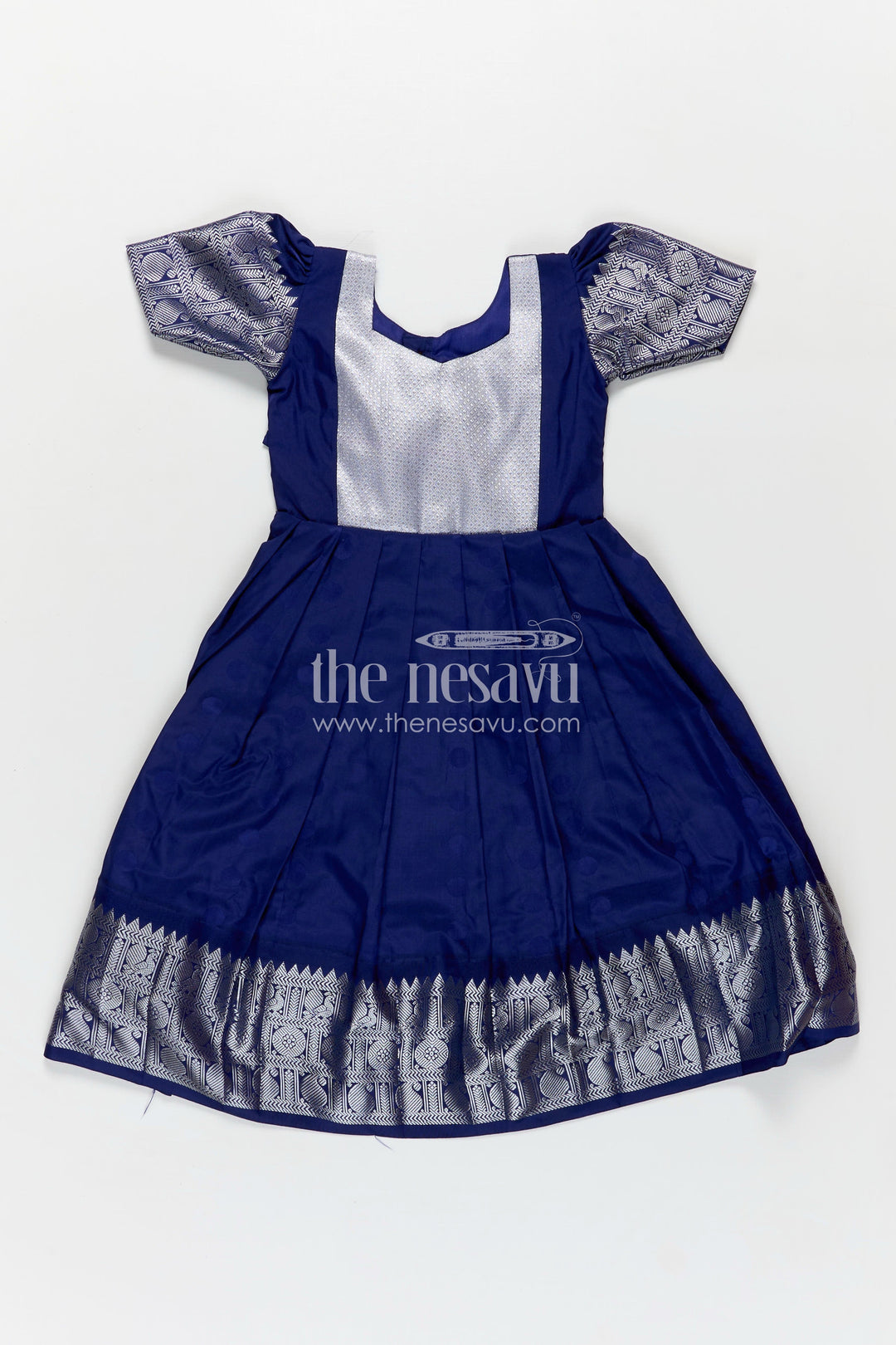The Nesavu Girls Silk Gown Girls Semi Silk Royal Blue Evening Gown with Silver Yoke and Embroidered Sleeves Nesavu 16 (1Y) / Blue GA326B-16 Nesavu Royal Blue Evening Gown Girls Silver Yoke Semi Silk Pleated Zari Skirt
