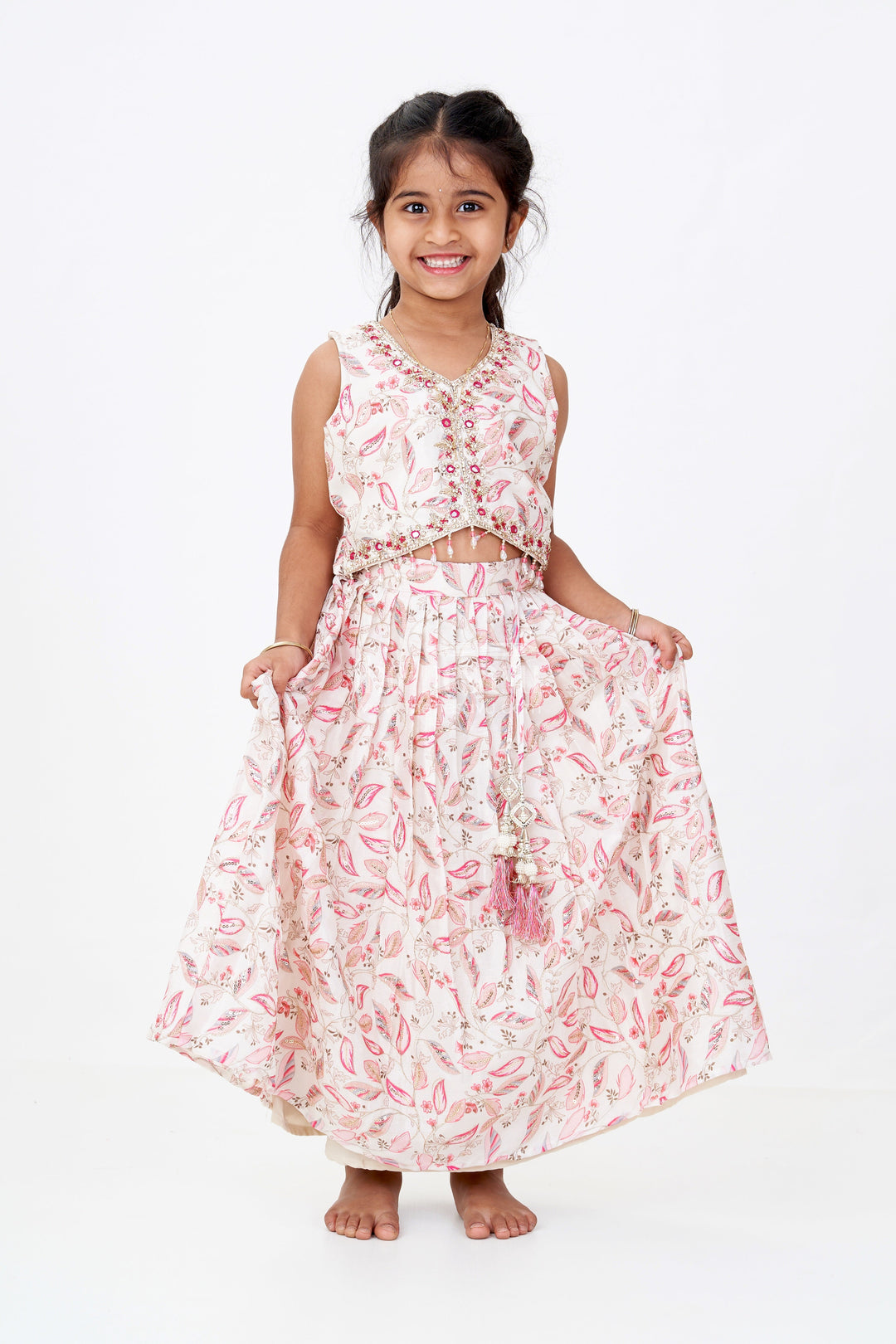 The Nesavu Girls Lehenga Choli Girls Shadi Lehenga with Embroidered Choli and Floral Tassel Accents in Ivory and Pink Nesavu 16 (1Y) / Pink GL604A-16 Nesavu Girls Shadi Lehenga Embroidered Choli Floral Tassel Accents Ivory Pink