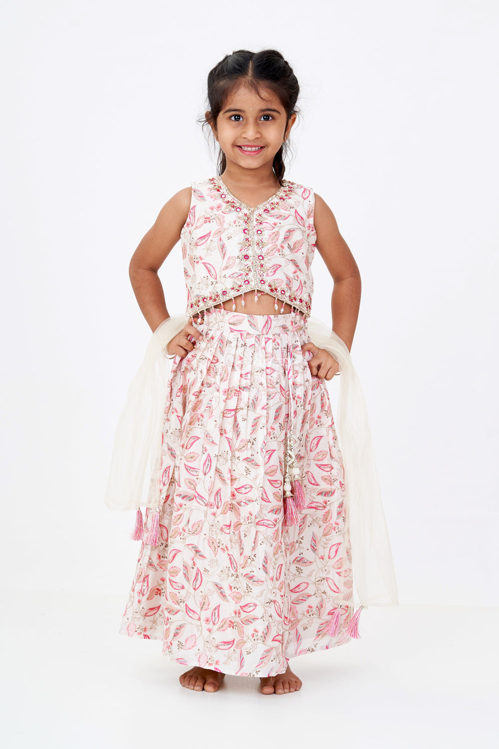 The Nesavu Girls Lehenga Choli Girls Shadi Lehenga with Embroidered Choli and Floral Tassel Accents in Ivory and Pink Nesavu Nesavu Girls Shadi Lehenga Embroidered Choli Floral Tassel Accents Ivory Pink