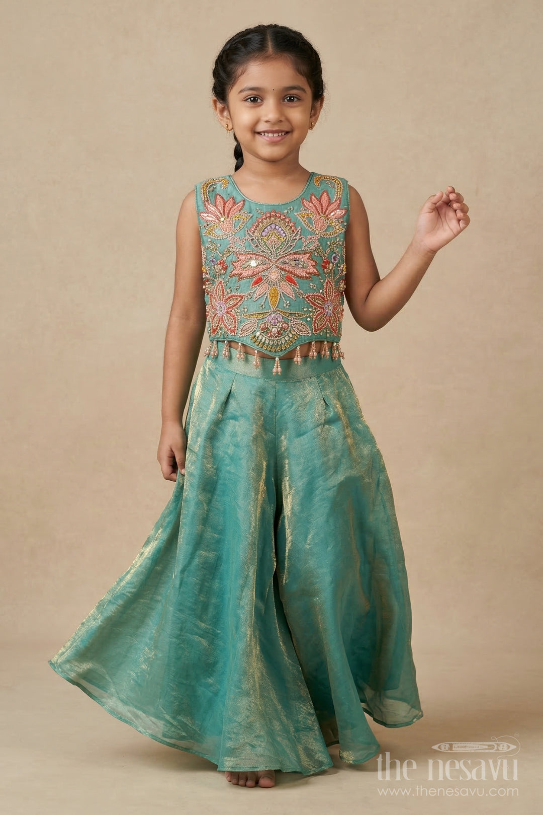 The Nesavu Girls Sharara / Plazo Set Girls Sharara and Dupatta Set with Embellished Yoke for Festive Functions Nesavu 18 (2Y) / Green / Organza GPS937C-18 Nesavu festive sharara set for girls with embellished yoke and dupatta – perfect for weddings and ethnic events