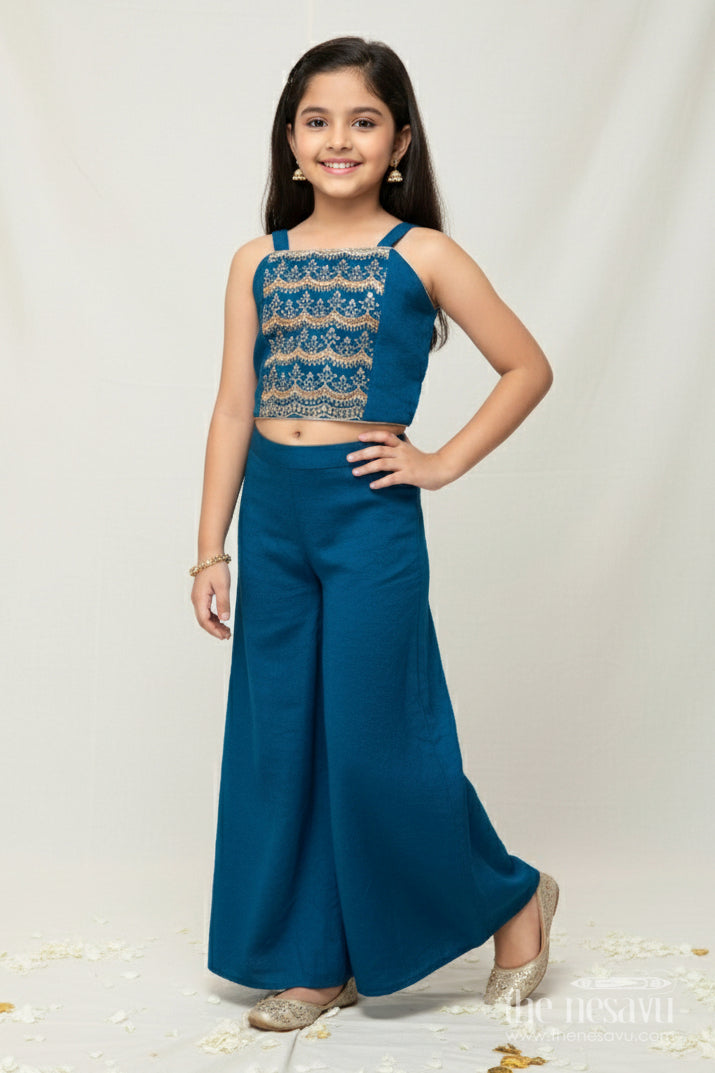 The Nesavu Girls Sharara / Plazo Set Girls Sharara and Shrug Set with Embroidery for Festive Family Functions Nesavu 22 (4Y) / Blue GPS705A-22 Nesavu girls sharara set embroidered shrug designer yoke festive occasions