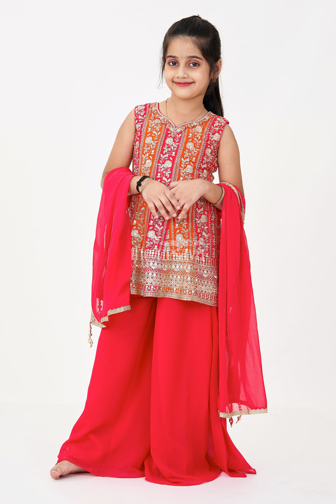 The Nesavu Girls Sharara / Plazo Set Girls Sharara Design in Red Georgette with Sequined Sleeveless Top and Matching Dupatta Nesavu 24 (5Y) / Orange GPS576A-24 Nesavu Girls Red Sharara Design Set Georgette Flared Pants Embroidered Sleeveless Top