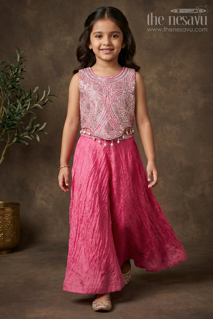 The Nesavu Girls Sharara / Plazo Set Girls Sharara Dress Set for Weddings and Events Nesavu 18 (2Y) / Peach / Organza GPS1044A-18 Nesavu Girls Sharara Set For Weddings With Glaze Organza And Designer Embroidery Yoke Festive Outfit
