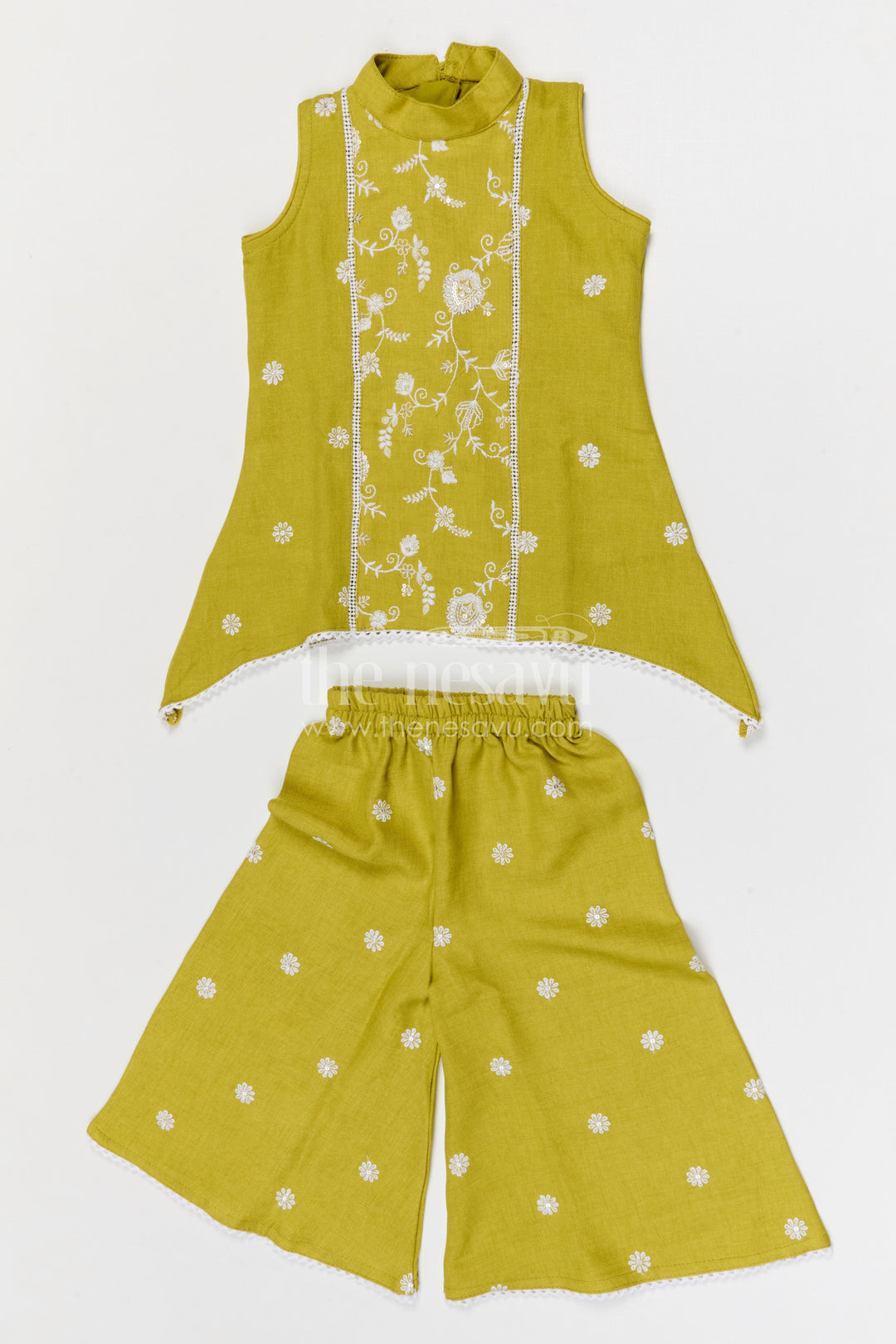 The Nesavu Girls Sharara / Plazo Set Girls Sharara for Festive Celebrations and Family Functions Nesavu 18 (2Y) / Green / Cotton GPS991A-18 Nesavu girls cotton sharara set for festive celebrations and family functions with thread embroidery