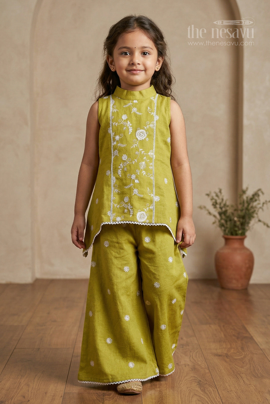 The Nesavu Girls Sharara / Plazo Set Girls Sharara for Festive Celebrations and Family Functions Nesavu 18 (2Y) / Green / Cotton GPS991A-18 Nesavu girls cotton sharara set for festive celebrations and family functions with thread embroidery