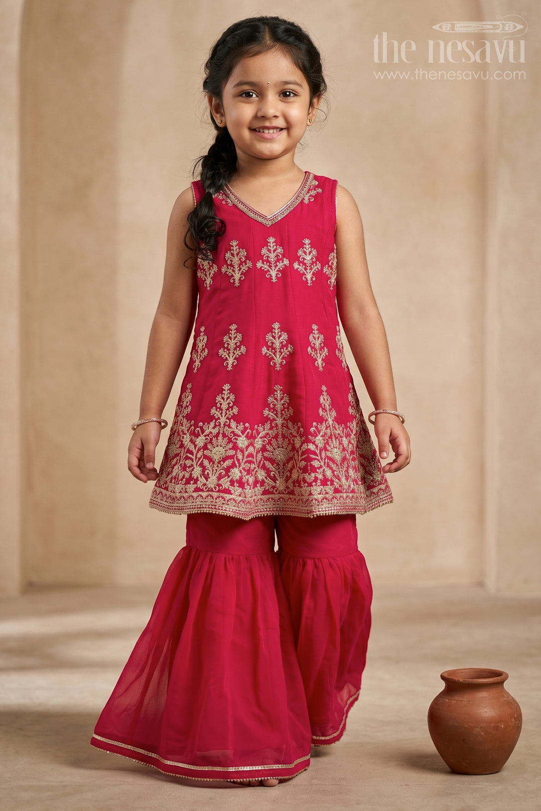 The Nesavu Girls Sharara / Plazo Set Girls Sharara for Wedding Functions and Festive Celebrations Nesavu 22 (4Y) / Pink / Viscose GPS1057A-22 Nesavu Girls Sharara Set With Embroidery For Wedding Functions And Festive Wear In Soft Viscose Cotton