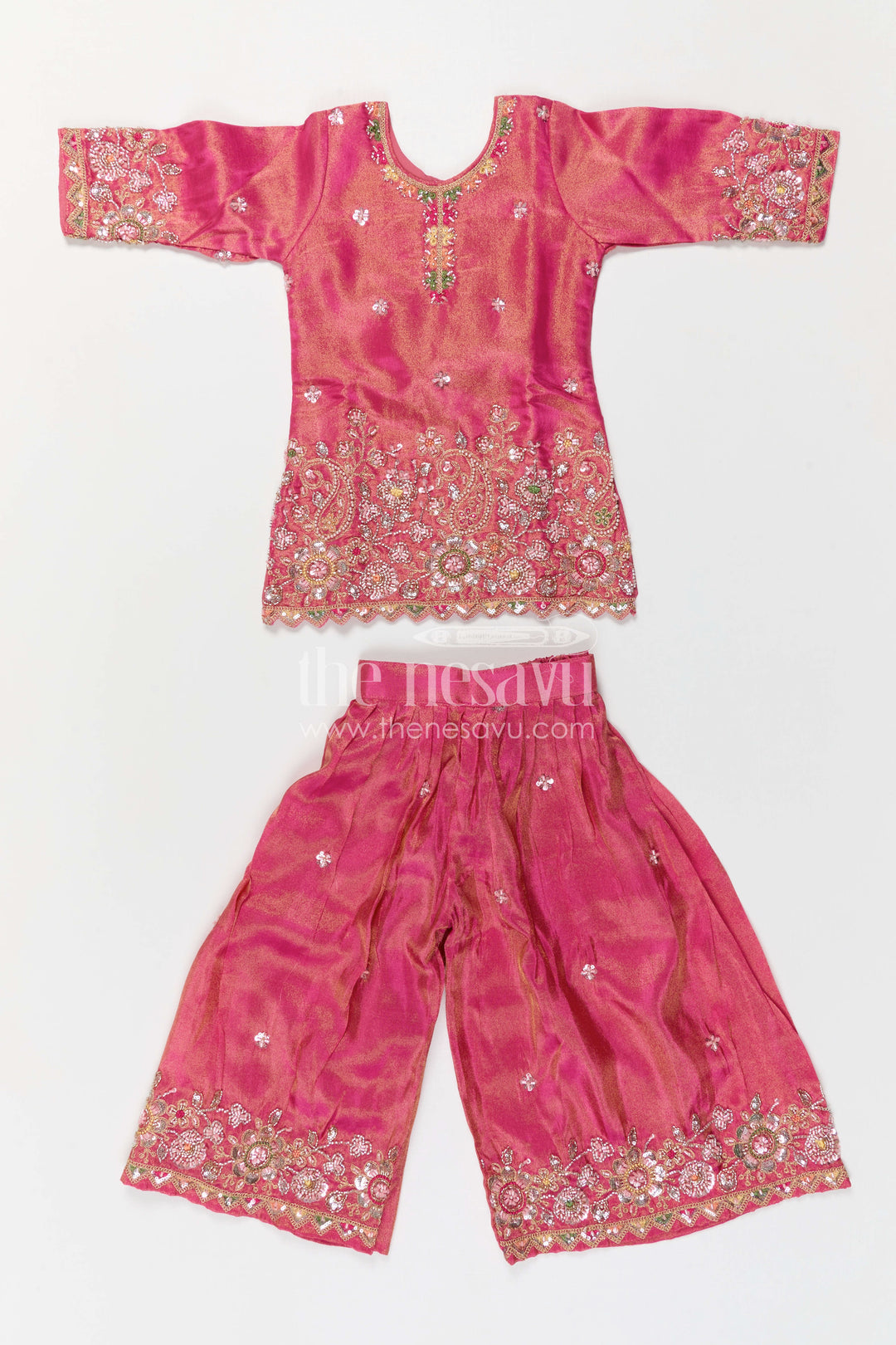 The Nesavu Girls Sharara / Plazo Set Girls Sharara Outfit for Weddings and Festive Celebrations Nesavu Nesavu Girls Sharara Outfit For Weddings With Viscose Silk And Designer Embroidery Festive Set