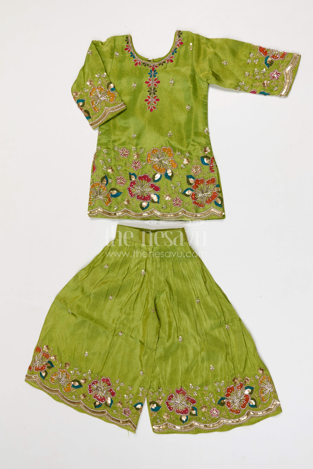 The Nesavu Girls Sharara / Plazo Set Girls Sharara Outfit for Weddings and Festive Family Functions Nesavu 18 (2Y) / Green / Viscose Silk GPS995A-18 Nesavu girls festive sharara set for weddings celebrations viscose silk outfit with designer yoke