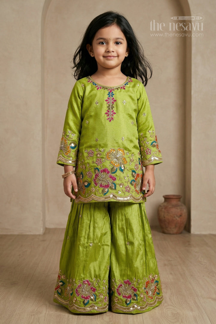 The Nesavu Girls Sharara / Plazo Set Girls Sharara Outfit for Weddings and Festive Family Functions Nesavu 18 (2Y) / Green / Viscose Silk GPS995A-18 Nesavu girls festive sharara set for weddings celebrations viscose silk outfit with designer yoke