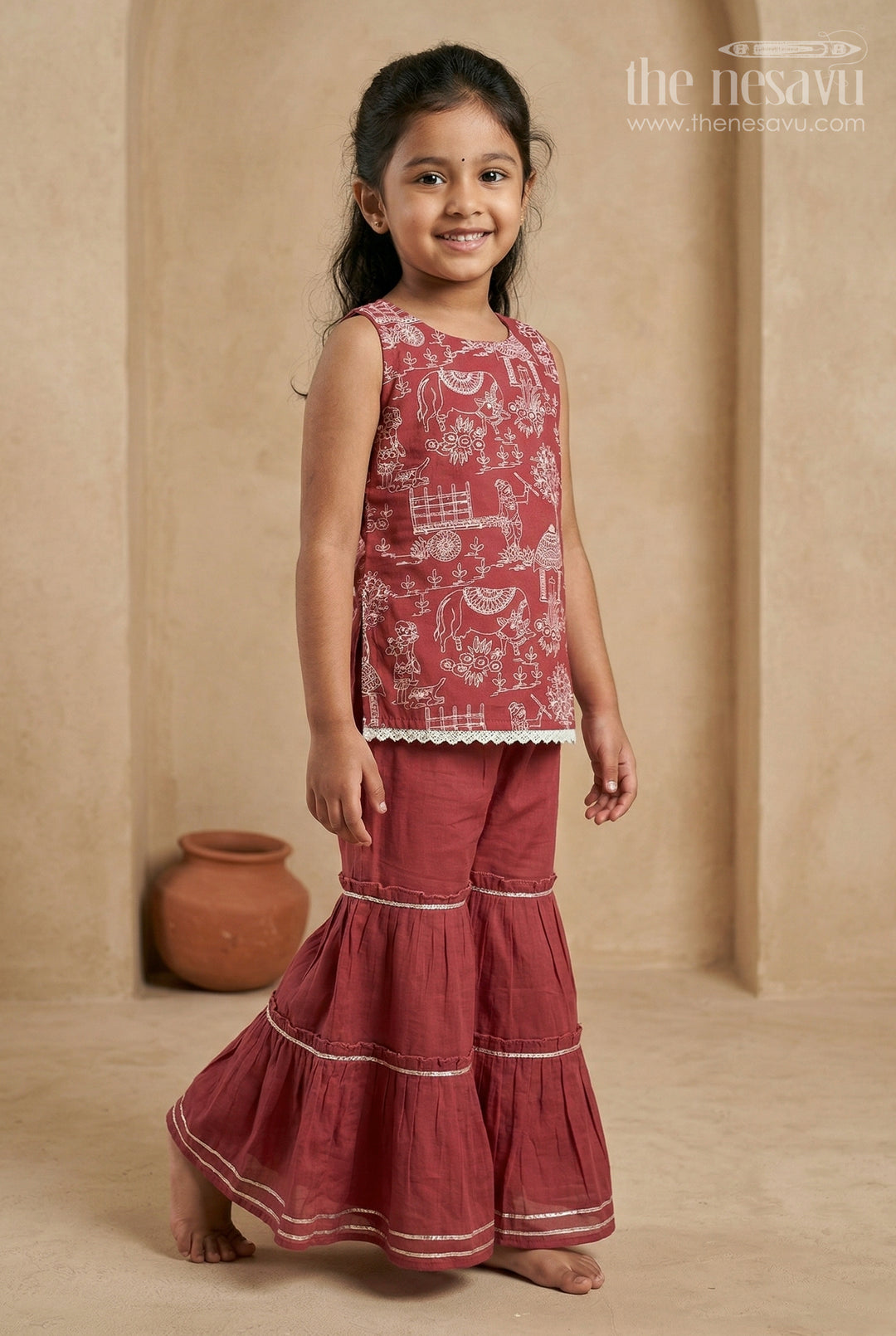 The Nesavu Girls Sharara / Plazo Set Girls Sharara Outfit for Weddings and Festive Occasions Nesavu 18 (2Y) / Maroon / Silk GPS1028B-18 Nesavu Girls Sharara Outfit For Weddings And Festive Occasions With Silk Crepe And Embroidered Design
