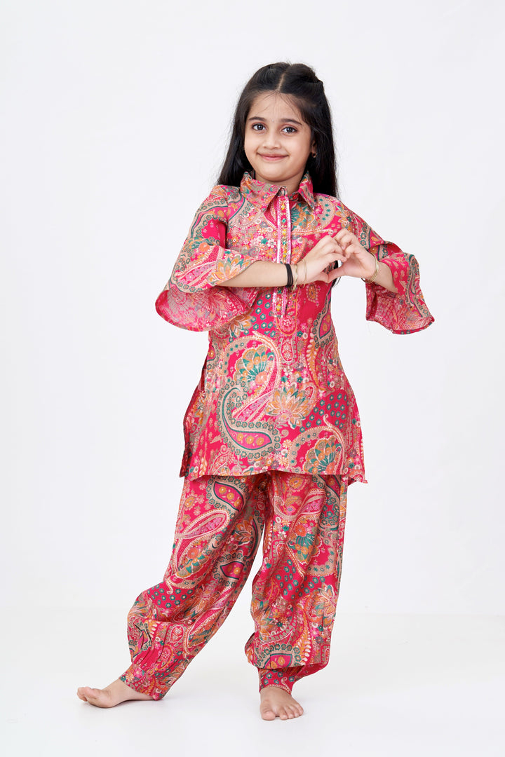 The Nesavu Girls Sharara / Plazo Set Girls Sharara Pants Set with Paisley Print and Flared Sleeves in Red and Gold Nesavu 24 (5Y) / Pink GPS550A-24 Nesavu Girls Sharara Pants Set Paisley Print Flared Sleeves Red Gold