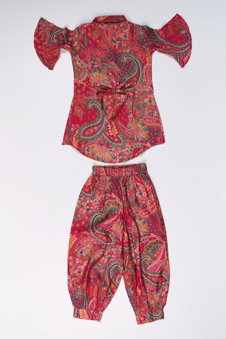 The Nesavu Girls Sharara / Plazo Set Girls Sharara Pants Set with Paisley Print and Flared Sleeves in Red and Gold Nesavu Nesavu Girls Sharara Pants Set Paisley Print Flared Sleeves Red Gold
