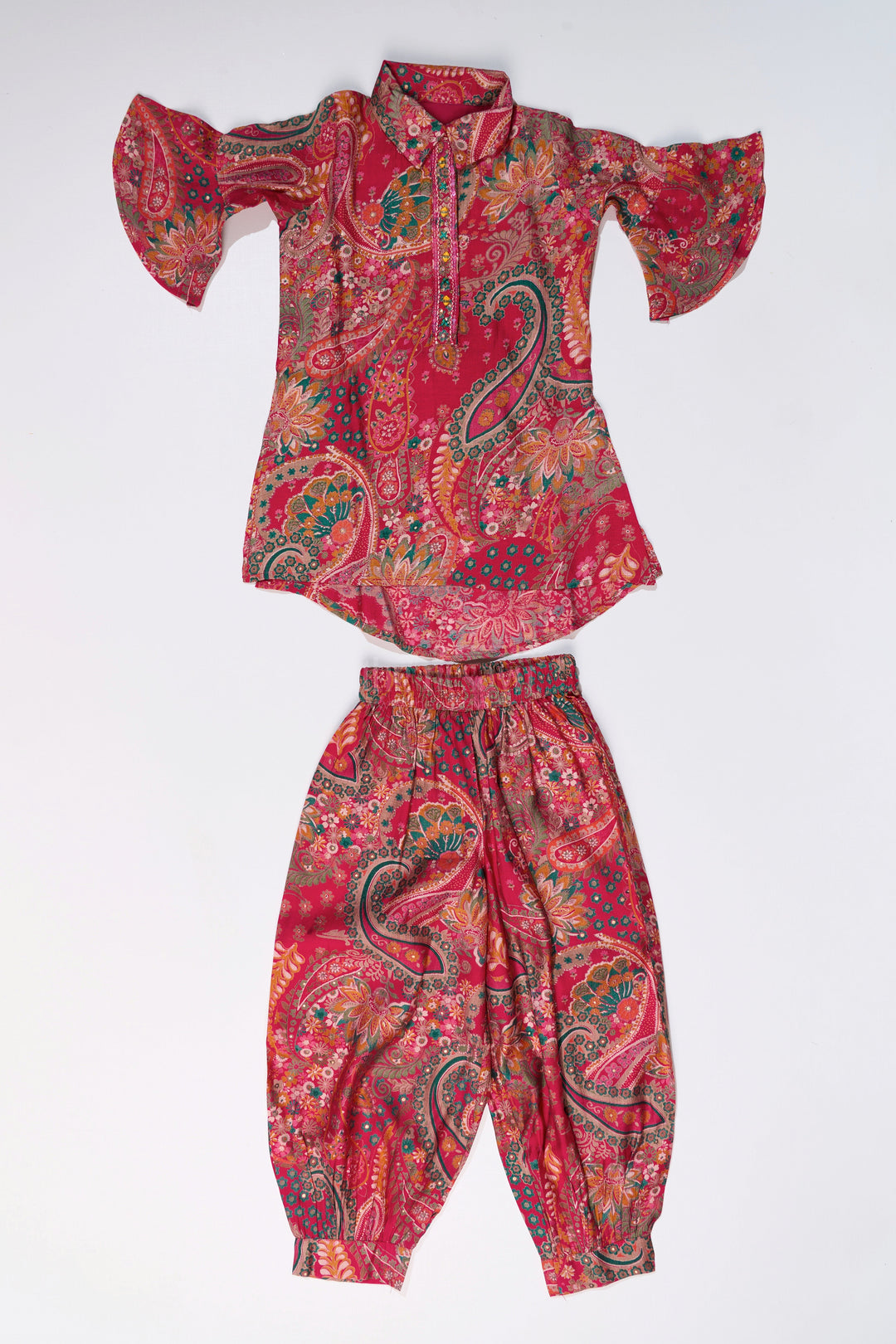 The Nesavu Girls Sharara / Plazo Set Girls Sharara Pants Set with Paisley Print and Flared Sleeves in Red and Gold Nesavu Nesavu Girls Sharara Pants Set Paisley Print Flared Sleeves Red Gold