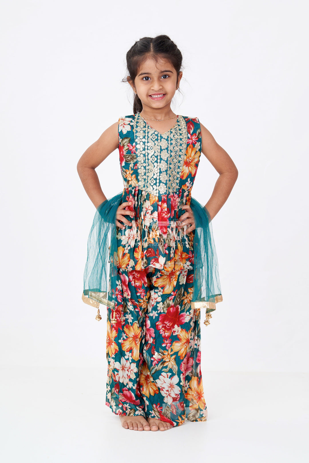 The Nesavu Girls Sharara / Plazo Set Girls Sharara Plazo Set in Floral Georgette with Foil Embroidery and Dupatta Nesavu Nesavu Girls Sharara Plazo Set Floral Georgette Print Foil Embroidery