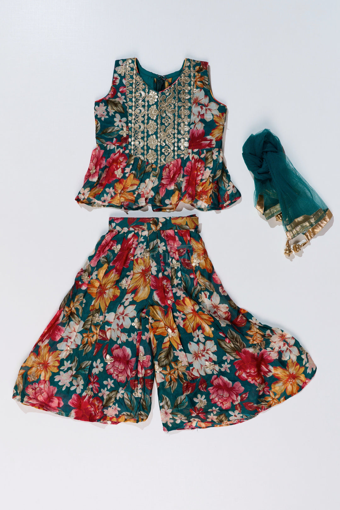 The Nesavu Girls Sharara / Plazo Set Girls Sharara Plazo Set in Floral Georgette with Foil Embroidery and Dupatta Nesavu Nesavu Girls Sharara Plazo Set Floral Georgette Print Foil Embroidery