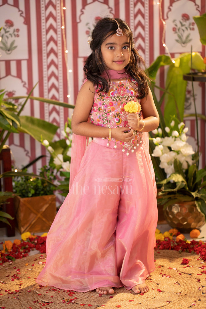 The Nesavu Girls Sharara / Plazo Set Girls Sharara Plazo Set in Pink Georgette with Embroidered Top and Tassels for Festive Occasions Nesavu 24 (5Y) / Pink GPS419A-24 Nesavu Girls Pink Georgette Sharara Plazo Set Embroidered Top Tassels Festive Celebrations