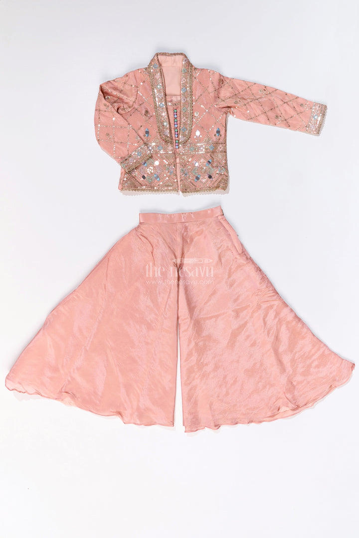 The Nesavu Girls Sharara / Plazo Set Girls Sharara Plazo Set with Embellished Jacket and Flowy Pants in Peach Nesavu Nesavu Girls Peach Sharara Plazo Set Embellished Jacket Flowy Pants