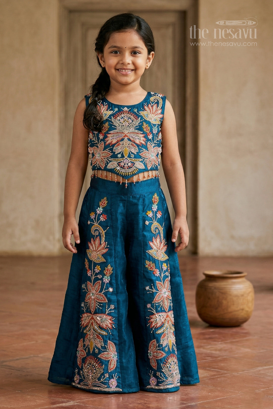 The Nesavu Girls Sharara / Plazo Set Girls Sharara/plazzo Set for Weddings and Festive Occasions Nesavu 18 (2Y) / Blue / Organza GPS1001C-18 Nesavu girls organza sharara set with designer embroidery for weddings and festive occasions