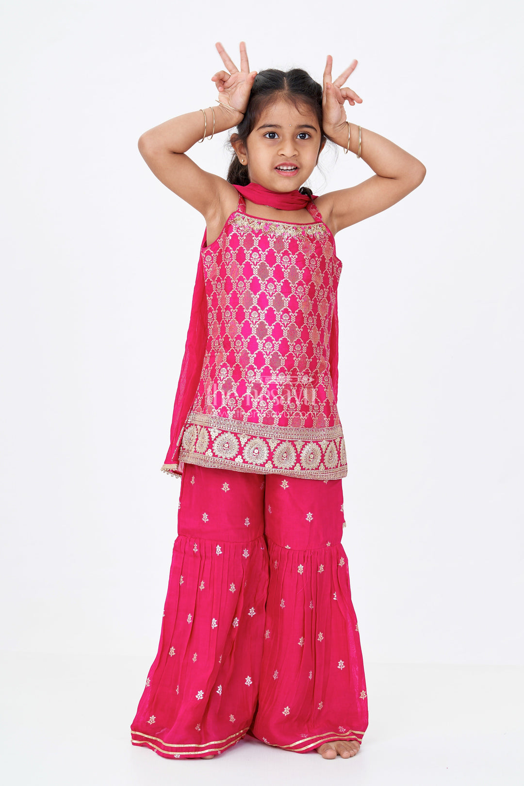 The Nesavu Girls Sharara / Plazo Set Girls Sharara Salwar Suit in Georgette with Zari Border and Sequin Embroidered Strappy Top and Dupatta Nesavu 16 (1Y) / Pink GPS560A-16 Nesavu Girls Sharara Salwar Suit Georgette Sequin Embroidery Zari Bordered Dupatta