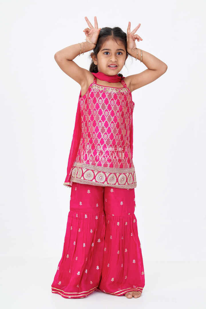 The Nesavu Girls Sharara / Plazo Set Girls Sharara Salwar Suit in Georgette with Zari Border and Sequin Embroidered Strappy Top and Dupatta Nesavu 16 (1Y) / Pink GPS560A-16 Nesavu Girls Sharara Salwar Suit Georgette Sequin Embroidery Zari Bordered Dupatta