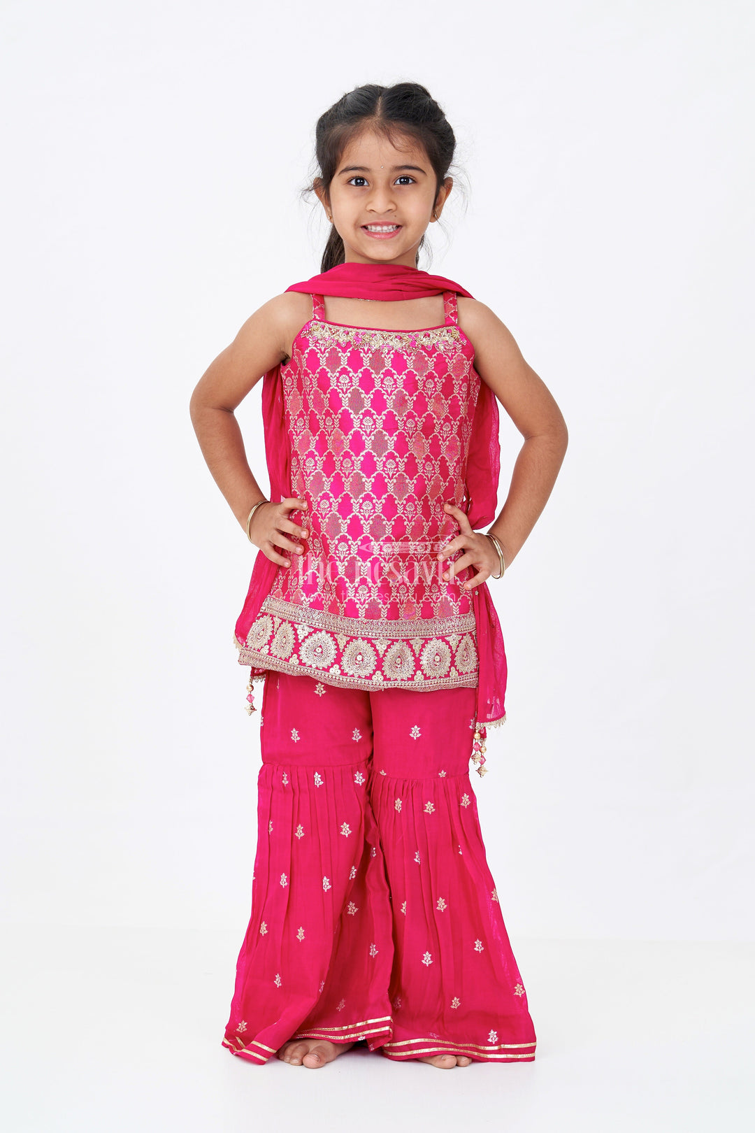 The Nesavu Girls Sharara / Plazo Set Girls Sharara Salwar Suit in Georgette with Zari Border and Sequin Embroidered Strappy Top and Dupatta Nesavu Nesavu Girls Sharara Salwar Suit Georgette Sequin Embroidery Zari Bordered Dupatta