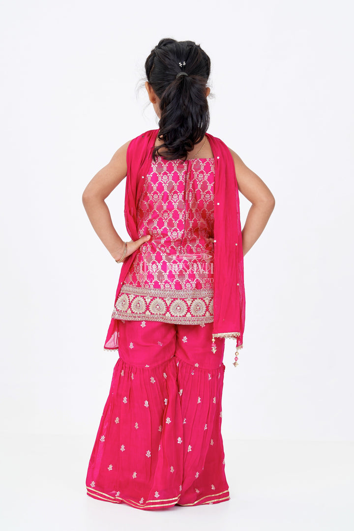 The Nesavu Girls Sharara / Plazo Set Girls Sharara Salwar Suit in Georgette with Zari Border and Sequin Embroidered Strappy Top and Dupatta Nesavu Nesavu Girls Sharara Salwar Suit Georgette Sequin Embroidery Zari Bordered Dupatta