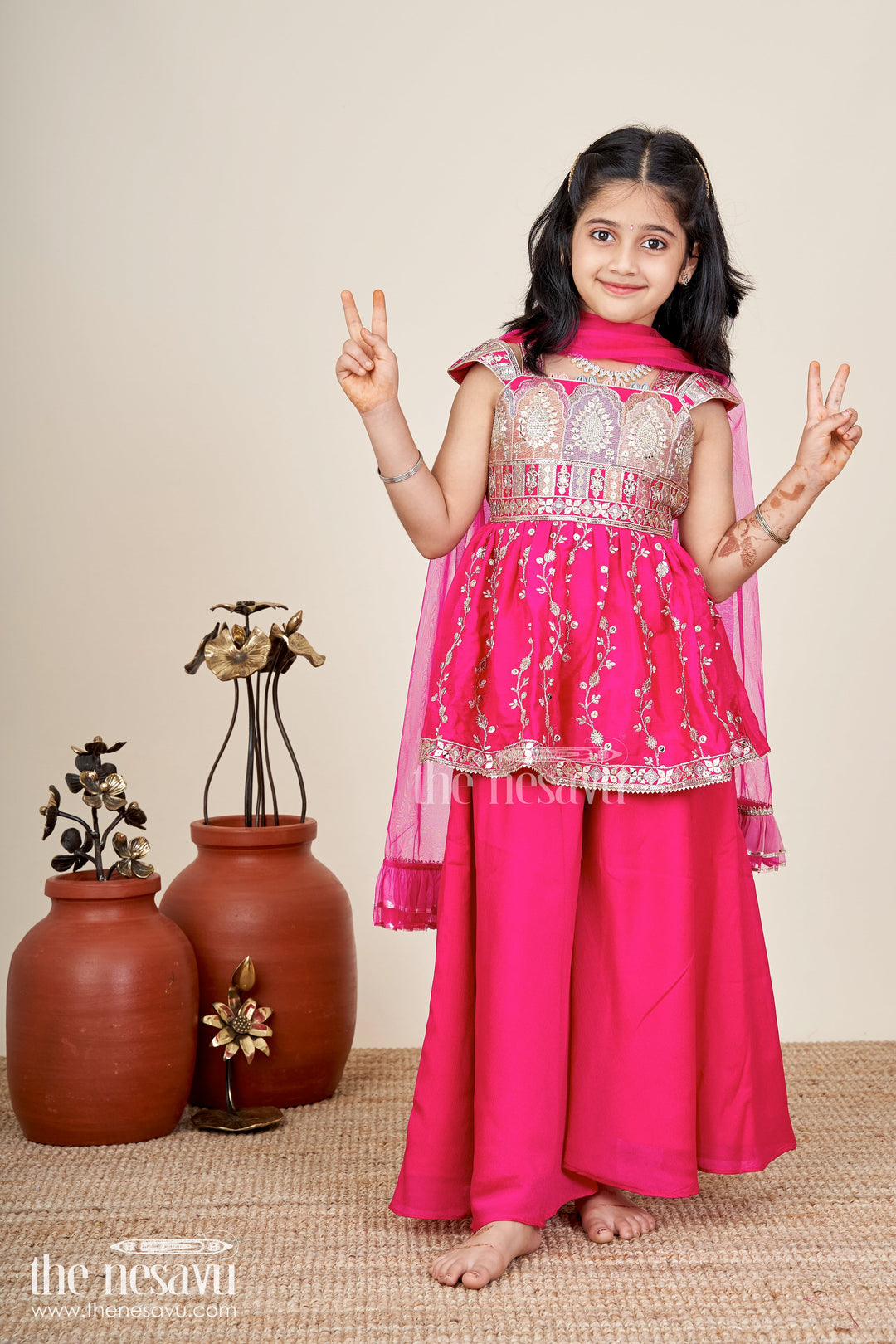 The Nesavu Girls Sharara / Plazo Set Girls Sharara Set for Birthday Parties and Festive Family Functions Nesavu 16 (1Y) / Pink GPS850B-16 Nesavu girls sharara set georgette embroidery  ideal birthdays festive parties