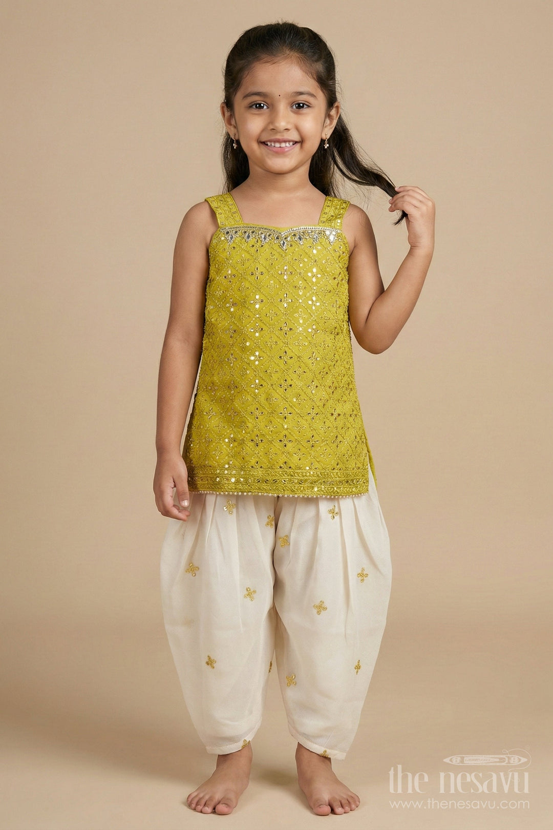 The Nesavu Girls Sharara / Plazo Set Girls Sharara Set for Birthdays and Ethnic Celebrations Nesavu Nesavu girls georgette sharara set with sequin embroidery for birthdays and festive occasions