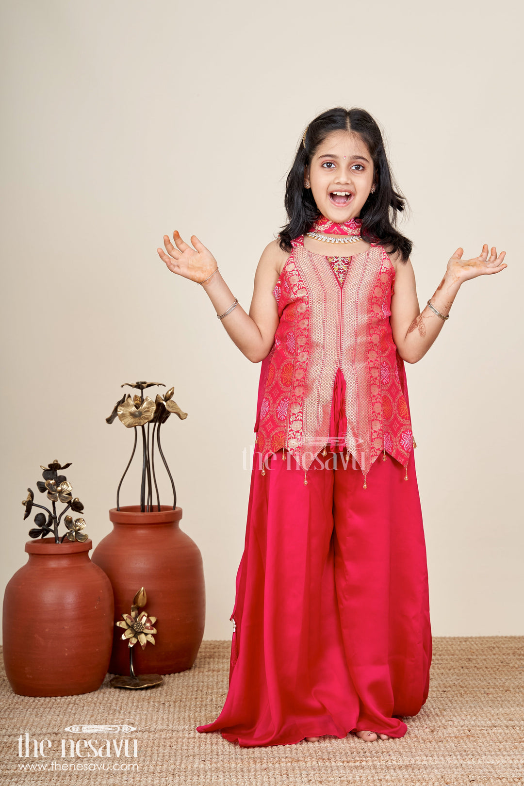 The Nesavu Girls Sharara / Plazo Set Girls sharara set for Diwali and ethnic family gatherings Nesavu 28 (7Y) / Red GPS821A-28 Nesavu girls red sharara set in viscose silk with brocade yoke perfect for Diwali and festive gatherings