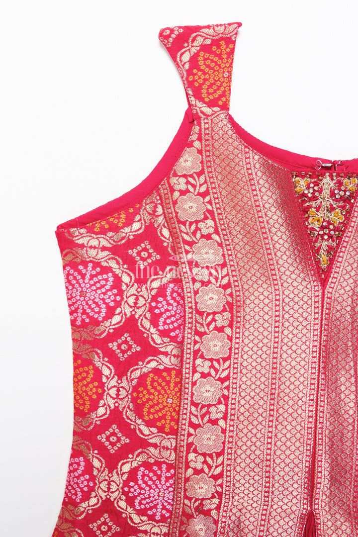 The Nesavu Girls Sharara / Plazo Set Girls Sharara Set for Diwali and Ethnic Family Gatherings Nesavu Nesavu girls red sharara set in viscose silk with brocade yoke perfect for Diwali and festive gatherings