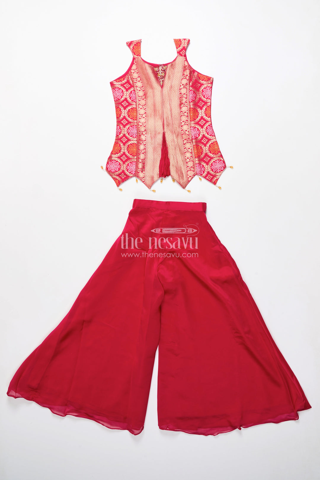 The Nesavu Girls Sharara / Plazo Set Girls Sharara Set for Diwali and Ethnic Family Gatherings Nesavu Nesavu girls red sharara set in viscose silk with brocade yoke perfect for Diwali and festive gatherings