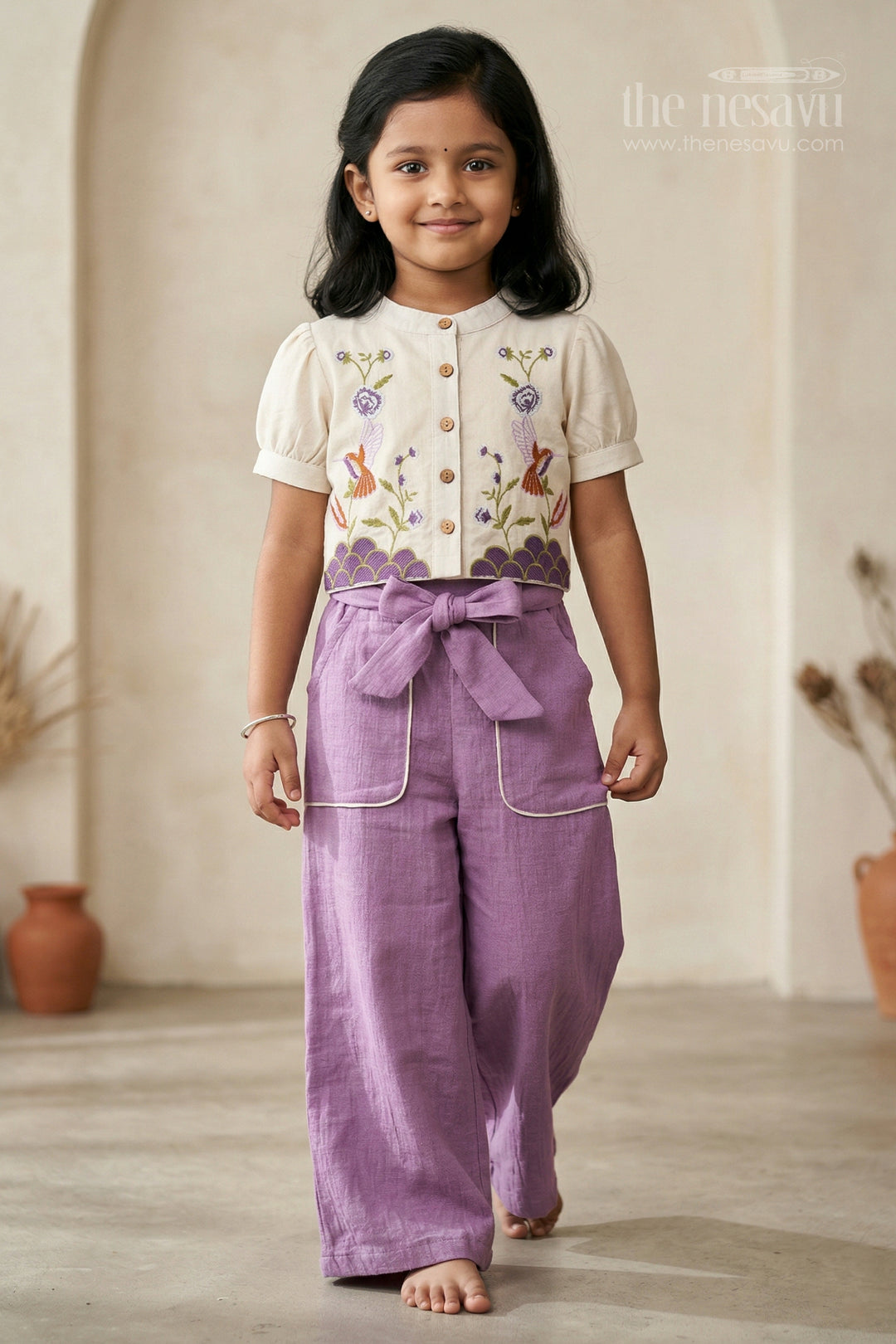 The Nesavu Girls Sharara / Plazo Set Girls Sharara Set for Festive Celebrations and Ethnic Occasions Nesavu 24 (5Y) / Purple / Muslin Cotton GPS1017A-24 Nesavu girls muslin cotton sharara set with thread embroidery for festive and ethnic occasions