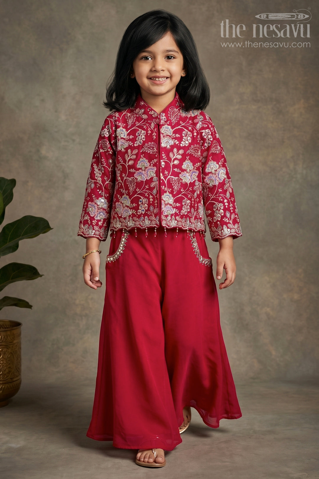 The Nesavu Girls Sharara / Plazo Set Girls Sharara Set for Festive Celebrations and Family Function Nesavu 18 (2Y) / Pink / Viscose GPS1046D-18 Nesavu Girls Sharara Set For Festive Celebrations And Family Functions With Embroidered Jacket And Sharara Pants