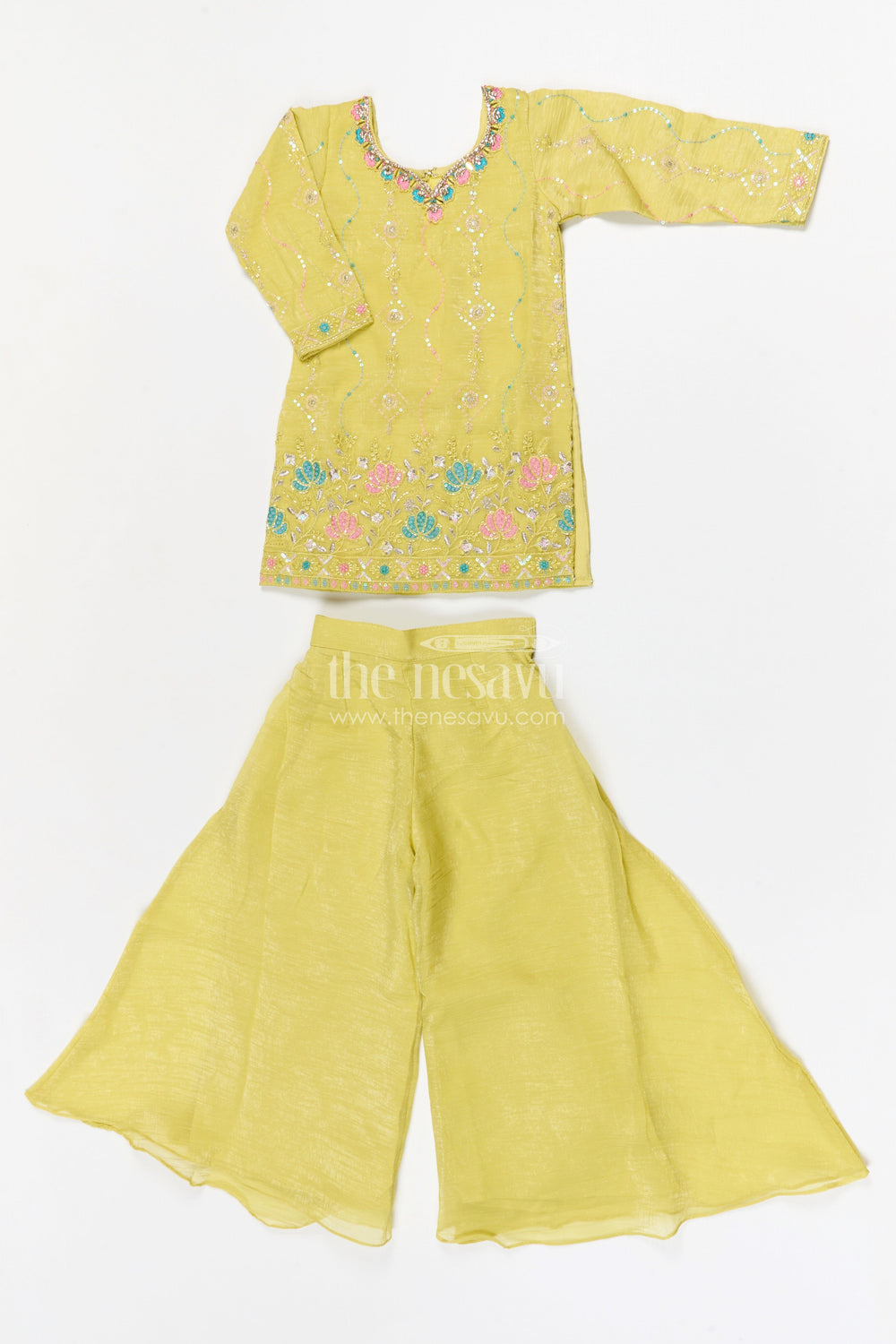 The Nesavu Girls Sharara / Plazo Set Girls Sharara Set for Festive Celebrations and Family Functions Nesavu 24 (5Y) / Yellow / Organza Tissue GPS975A-24 Nesavu girls tissue organza sharara set with embroidered yoke for festive wear